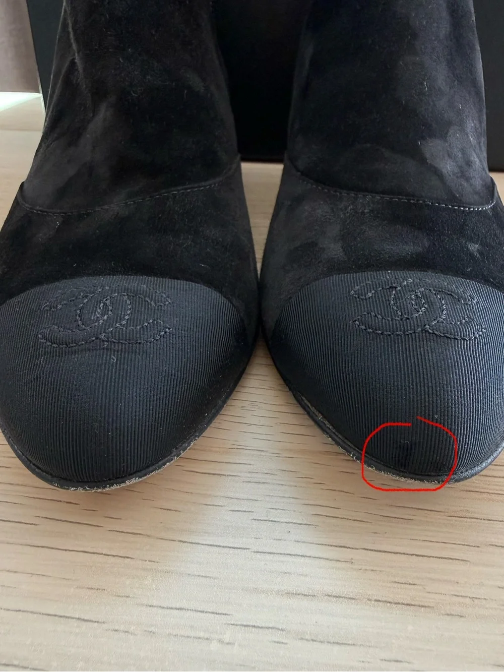CHANEL Black Suede Pearl Heel Ankle Boots